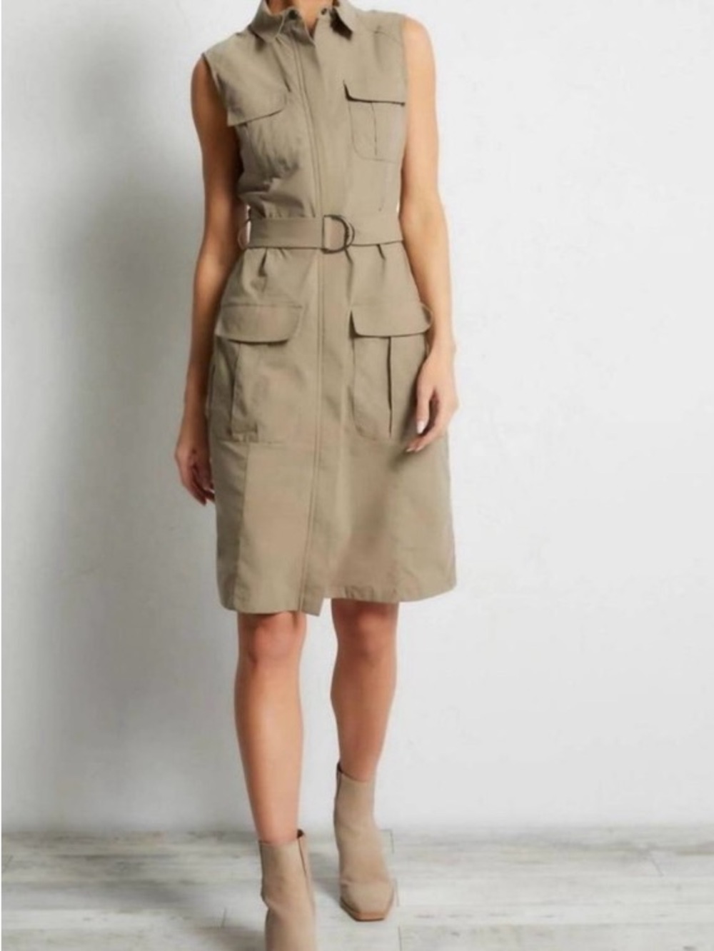 BNWT Anatomie Mallory Khaki Brown Sleeveless Stretchy Utility Dress with Belt